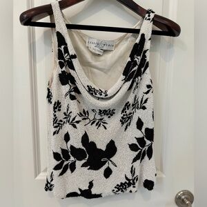 Lillie Rubin Vintage Black and White Beaded Floral Drape Neck Top Size 10 🖤🤍🖤🤍